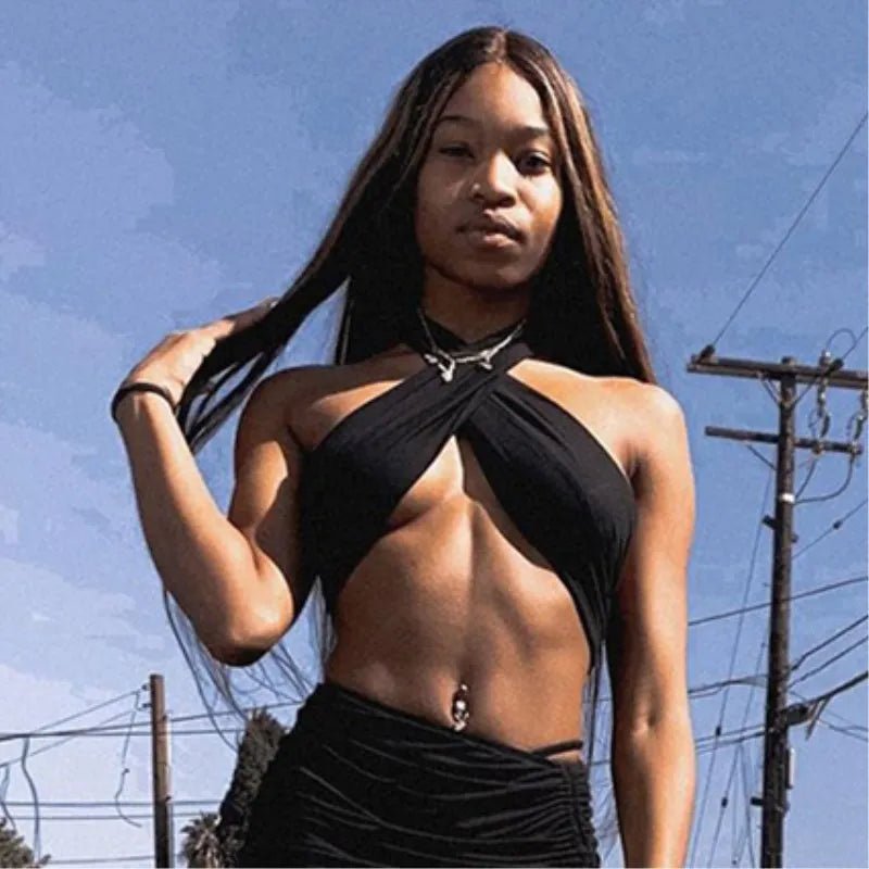 Sexy Cross Halter Corset Tank Tops Y2K Fashion Black Hollow Out Camis Women Tube Tops Backless Slim Crop Top 2024 Woman Clothing - MAGUSTA BEAUTY