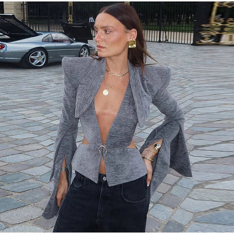 Sexy Deep V-neck Woolen Jackets Women's Hollow Up Waist Split Flare Long Sleeves Metal Buckle Coat High Street Fashion Jacket - MAGUSTA BEAUTY