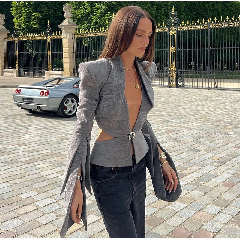 Sexy Deep V-neck Woolen Jackets Women's Hollow Up Waist Split Flare Long Sleeves Metal Buckle Coat High Street Fashion Jacket - MAGUSTA BEAUTY