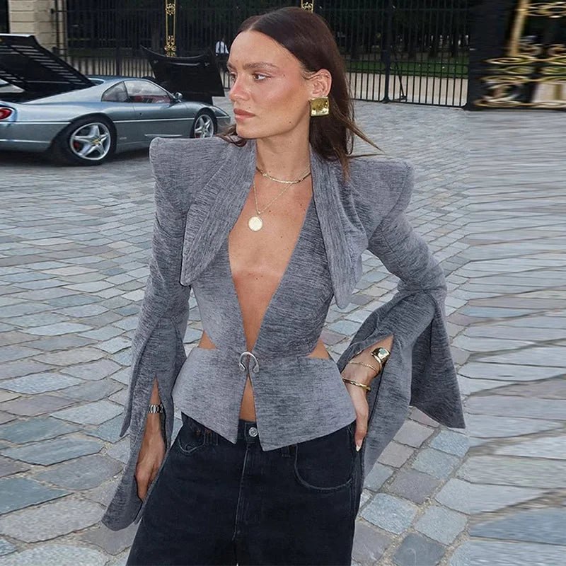 Sexy Deep V-neck Woolen Jackets Women's Hollow Up Waist Split Flare Long Sleeves Metal Buckle Coat High Street Fashion Jacket - MAGUSTA BEAUTY