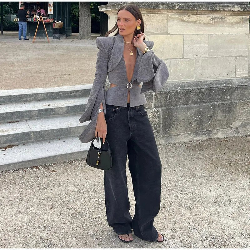 Sexy Deep V-neck Woolen Jackets Women's Hollow Up Waist Split Flare Long Sleeves Metal Buckle Coat High Street Fashion Jacket - MAGUSTA BEAUTY