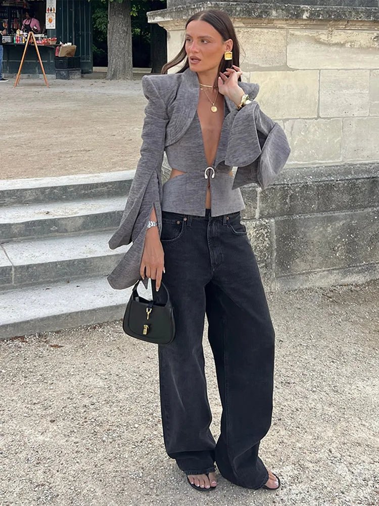 Sexy Deep V-neck Woolen Jackets Women's Hollow Up Waist Split Flare Long Sleeves Metal Buckle Coat High Street Fashion Jacket - MAGUSTA BEAUTY