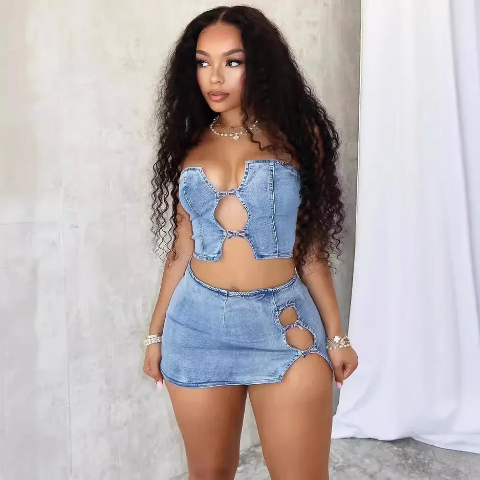 Sexy Denim Strapless Top Sleeveless Hollow Out Two Piece Sets Women Crop Tops Mini Skirt Cowboy Outfits Streetwear Skirts Suits - MAGUSTA BEAUTY
