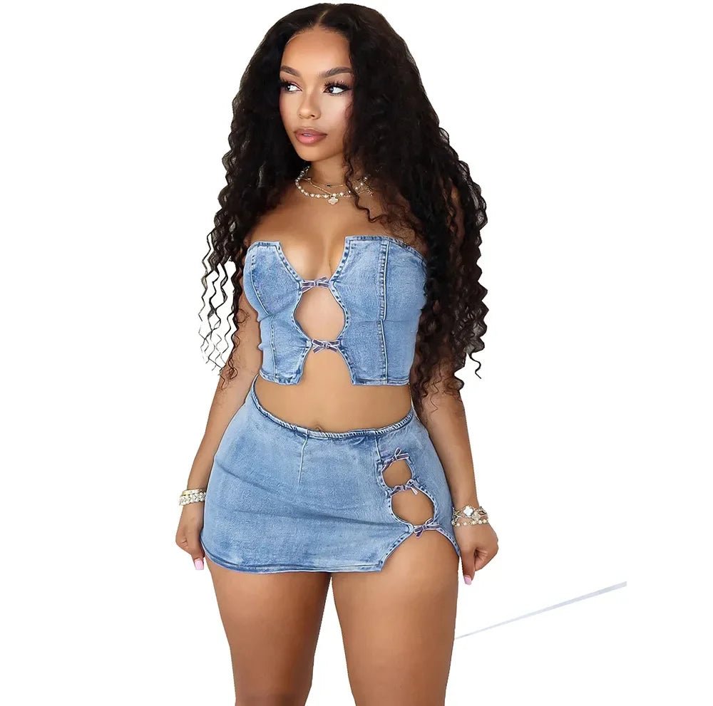 Sexy Denim Strapless Top Sleeveless Hollow Out Two Piece Sets Women Crop Tops Mini Skirt Cowboy Outfits Streetwear Skirts Suits - MAGUSTA BEAUTY