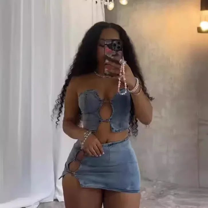 Sexy Denim Strapless Top Sleeveless Hollow Out Two Piece Sets Women Crop Tops Mini Skirt Cowboy Outfits Streetwear Skirts Suits - MAGUSTA BEAUTY