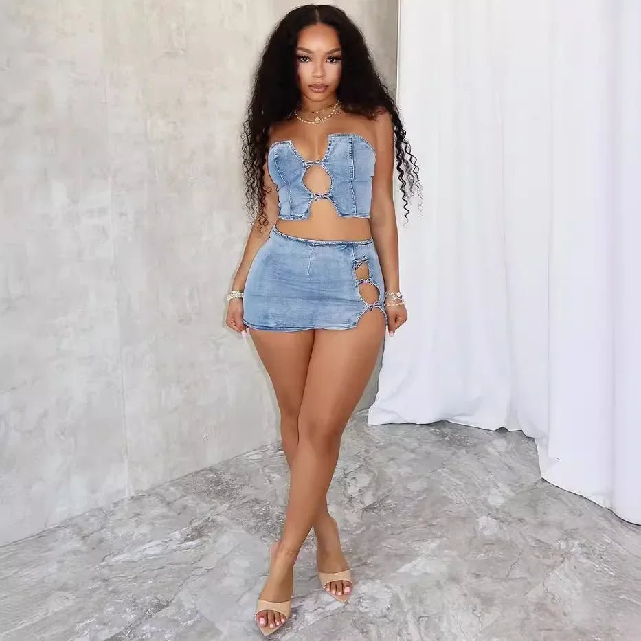 Sexy Denim Strapless Top Sleeveless Hollow Out Two Piece Sets Women Crop Tops Mini Skirt Cowboy Outfits Streetwear Skirts Suits - MAGUSTA BEAUTY