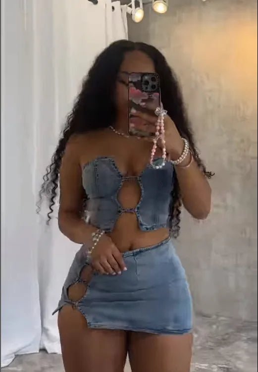 Sexy Denim Strapless Top Sleeveless Hollow Out Two Piece Sets Women Crop Tops Mini Skirt Cowboy Outfits Streetwear Skirts Suits - MAGUSTA BEAUTY