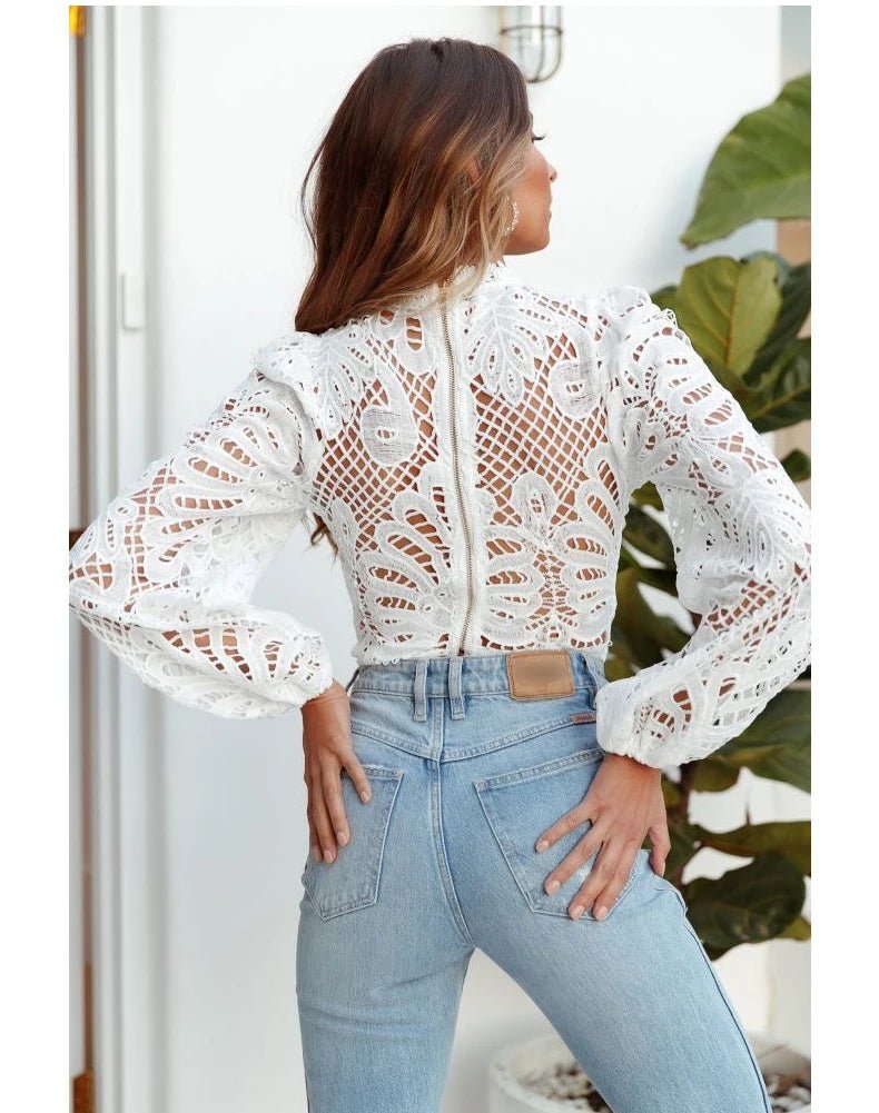 Sexy Long Sleeve White Lace Shirts Women Blouses Casual Crochet Hollow Out Elegant Tops Cropped Turtleneck Blusas 16296 - MAGUSTA BEAUTY