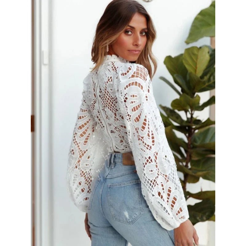 Sexy Long Sleeve White Lace Shirts Women Blouses Casual Crochet Hollow Out Elegant Tops Cropped Turtleneck Blusas 16296 - MAGUSTA BEAUTY