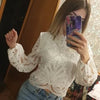 Sexy Long Sleeve White Lace Shirts Women Blouses Casual Crochet Hollow Out Elegant Tops Cropped Turtleneck Blusas 16296 - MAGUSTA BEAUTY