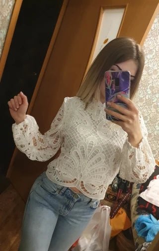 Sexy Long Sleeve White Lace Shirts Women Blouses Casual Crochet Hollow Out Elegant Tops Cropped Turtleneck Blusas 16296 - MAGUSTA BEAUTY