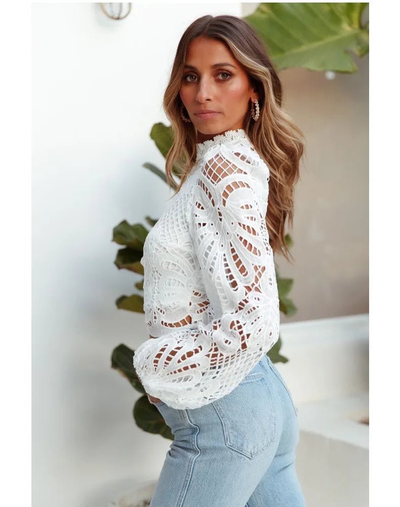 Sexy Long Sleeve White Lace Shirts Women Blouses Casual Crochet Hollow Out Elegant Tops Cropped Turtleneck Blusas 16296 - MAGUSTA BEAUTY