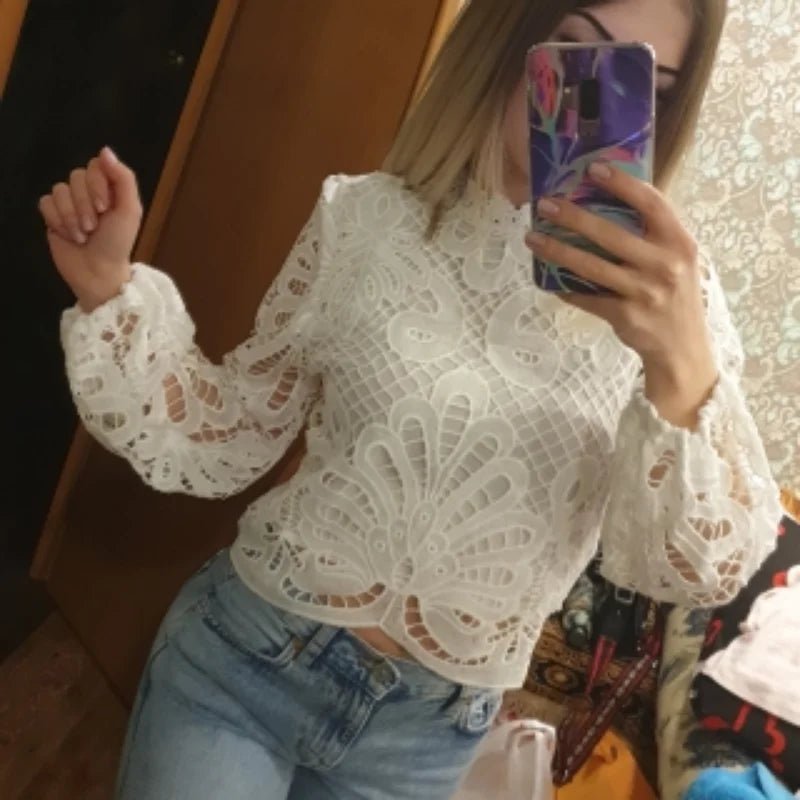 Sexy Long Sleeve White Lace Shirts Women Blouses Casual Crochet Hollow Out Elegant Tops Cropped Turtleneck Blusas 16296 - MAGUSTA BEAUTY