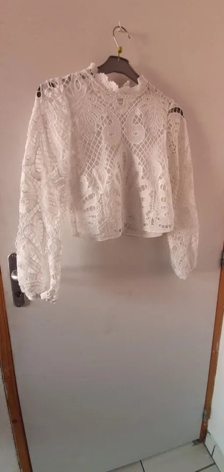 Sexy Long Sleeve White Lace Shirts Women Blouses Casual Crochet Hollow Out Elegant Tops Cropped Turtleneck Blusas 16296 - MAGUSTA BEAUTY