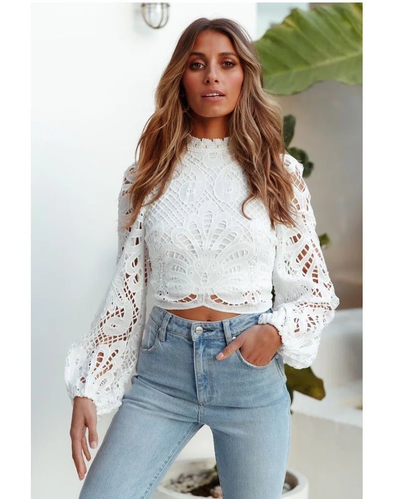 Sexy Long Sleeve White Lace Shirts Women Blouses Casual Crochet Hollow Out Elegant Tops Cropped Turtleneck Blusas 16296 - MAGUSTA BEAUTY