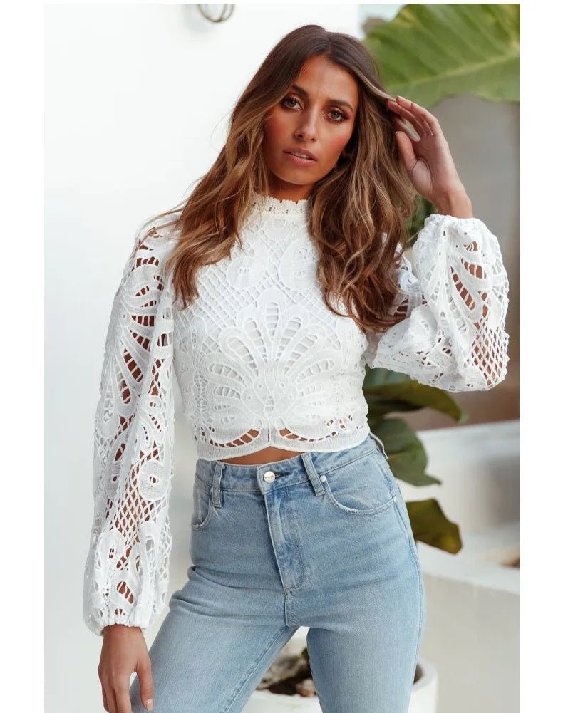 Sexy Long Sleeve White Lace Shirts Women Blouses Casual Crochet Hollow Out Elegant Tops Cropped Turtleneck Blusas 16296 - MAGUSTA BEAUTY
