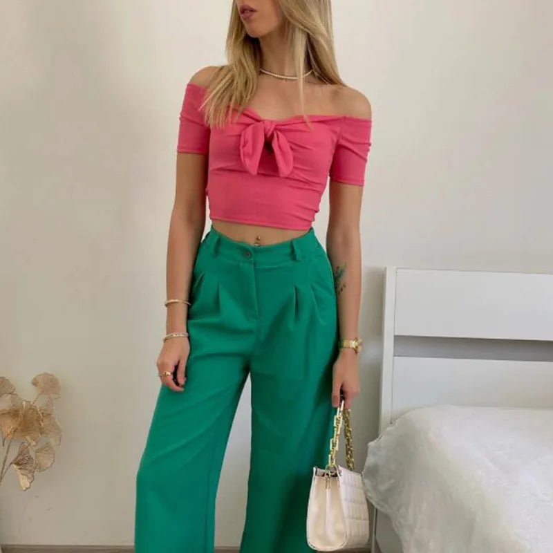Sexy Off Shoulder Twist Bow Bare Midriff Short T Shirt Women Short Sleeves Bottoming Shirt Ladies Tee Shirt Tops Camisetas Mujer - MAGUSTA BEAUTY