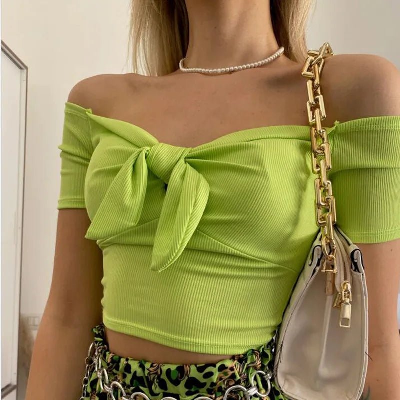 Sexy Off Shoulder Twist Bow Bare Midriff Short T Shirt Women Short Sleeves Bottoming Shirt Ladies Tee Shirt Tops Camisetas Mujer - MAGUSTA BEAUTY