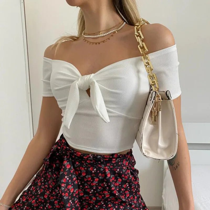 Sexy Off Shoulder Twist Bow Bare Midriff Short T Shirt Women Short Sleeves Bottoming Shirt Ladies Tee Shirt Tops Camisetas Mujer - MAGUSTA BEAUTY