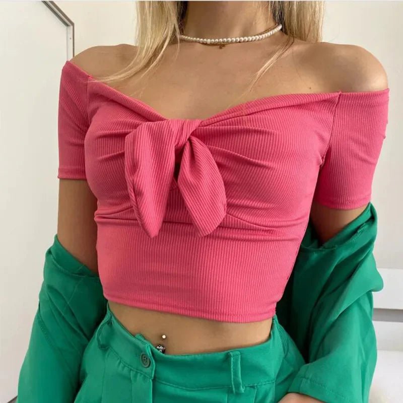Sexy Off Shoulder Twist Bow Bare Midriff Short T Shirt Women Short Sleeves Bottoming Shirt Ladies Tee Shirt Tops Camisetas Mujer - MAGUSTA BEAUTY