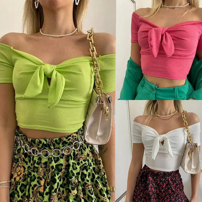 Sexy Off Shoulder Twist Bow Bare Midriff Short T Shirt Women Short Sleeves Bottoming Shirt Ladies Tee Shirt Tops Camisetas Mujer - MAGUSTA BEAUTY