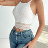Sexy Short Length Contrast Lace Crop Halter Top - Elegant Geometric Pattern, Semi - Sheer - MAGUSTA BEAUTY