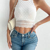Sexy Short Length Contrast Lace Crop Halter Top - Elegant Geometric Pattern, Semi - Sheer - MAGUSTA BEAUTY