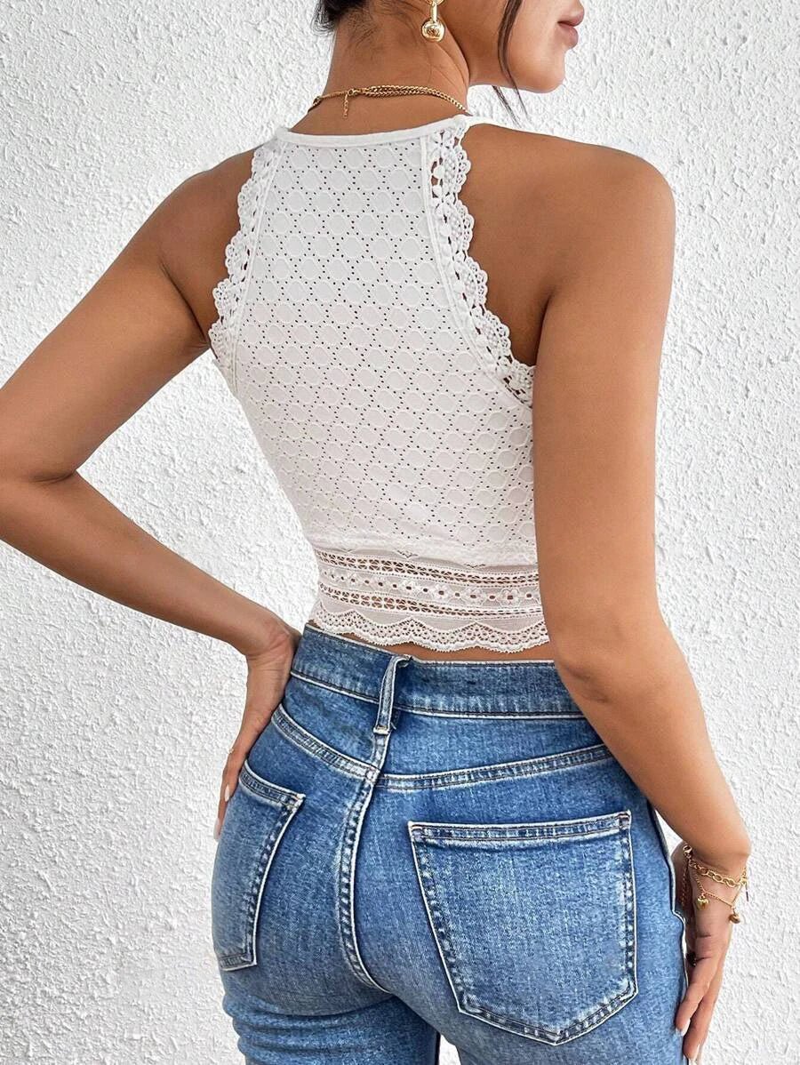 Sexy Short Length Contrast Lace Crop Halter Top - Elegant Geometric Pattern, Semi - Sheer - MAGUSTA BEAUTY