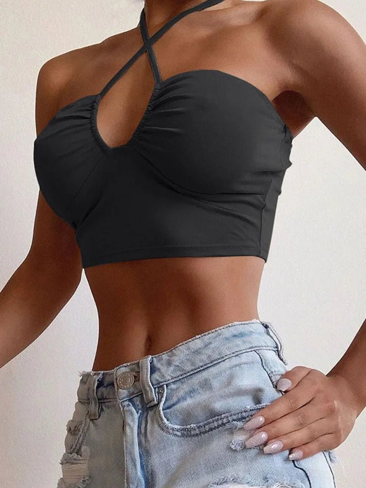 Sexy Solid Lace Up Bow Halter Ruched Crop Top Fashion Sleeveless Backless Tube Tops Female Streetwear Tops 2023 New Women - MAGUSTA BEAUTY