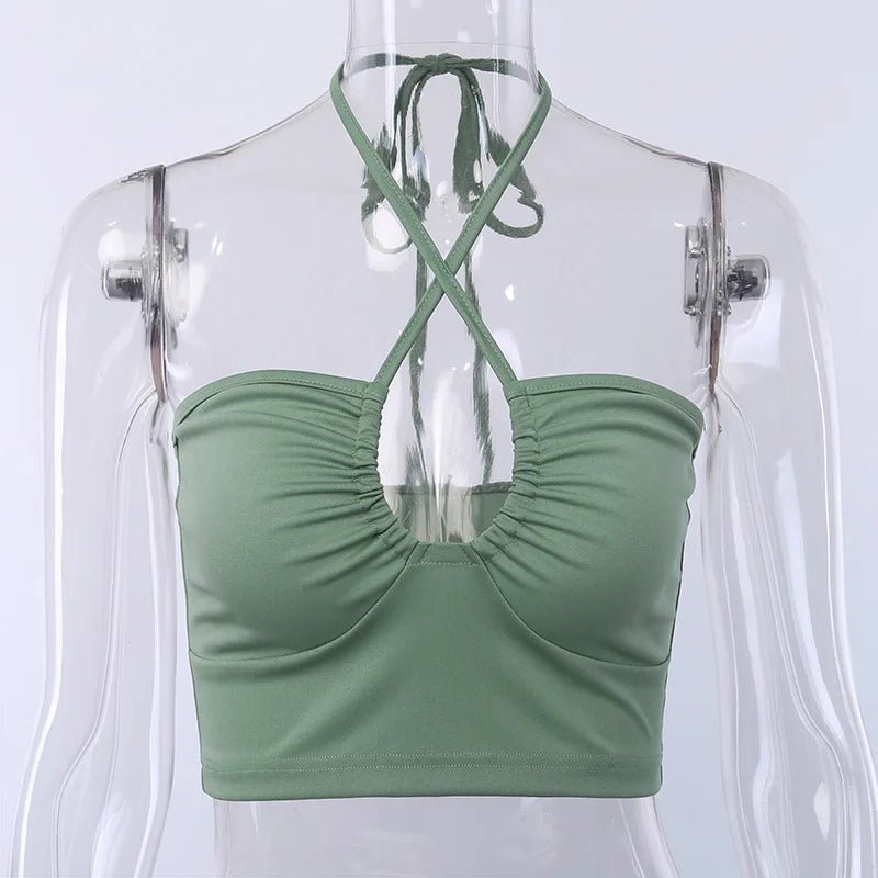 Sexy Solid Lace Up Bow Halter Ruched Crop Top Fashion Sleeveless Backless Tube Tops Female Streetwear Tops 2023 New Women - MAGUSTA BEAUTY