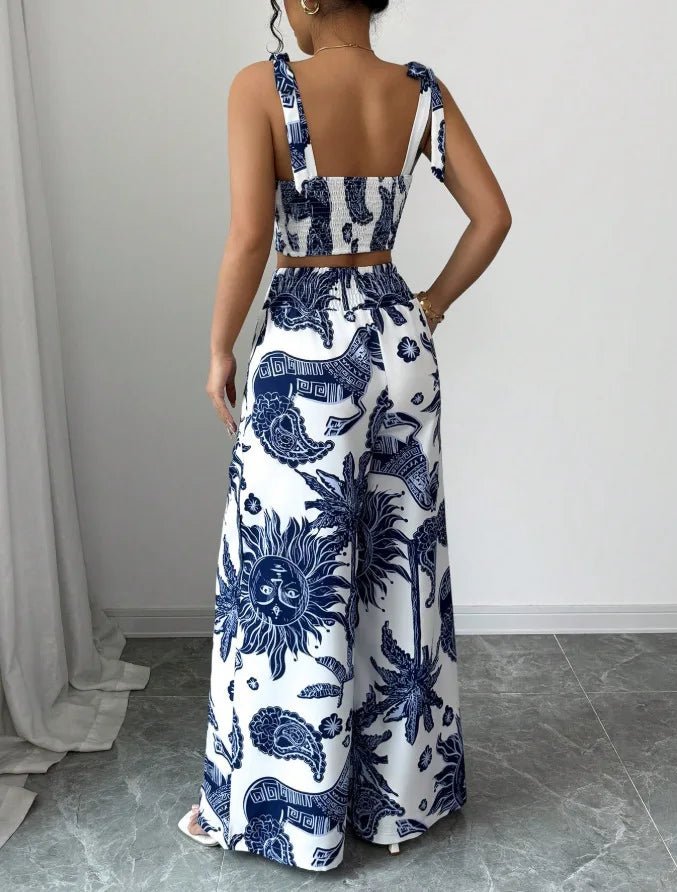 Sexy Strapback Halter Tops Long Pants Female 2 - piece Set Summer Fashion Printed Wide - leg Pocket Trousers Elegant Women's Suit - MAGUSTA BEAUTY