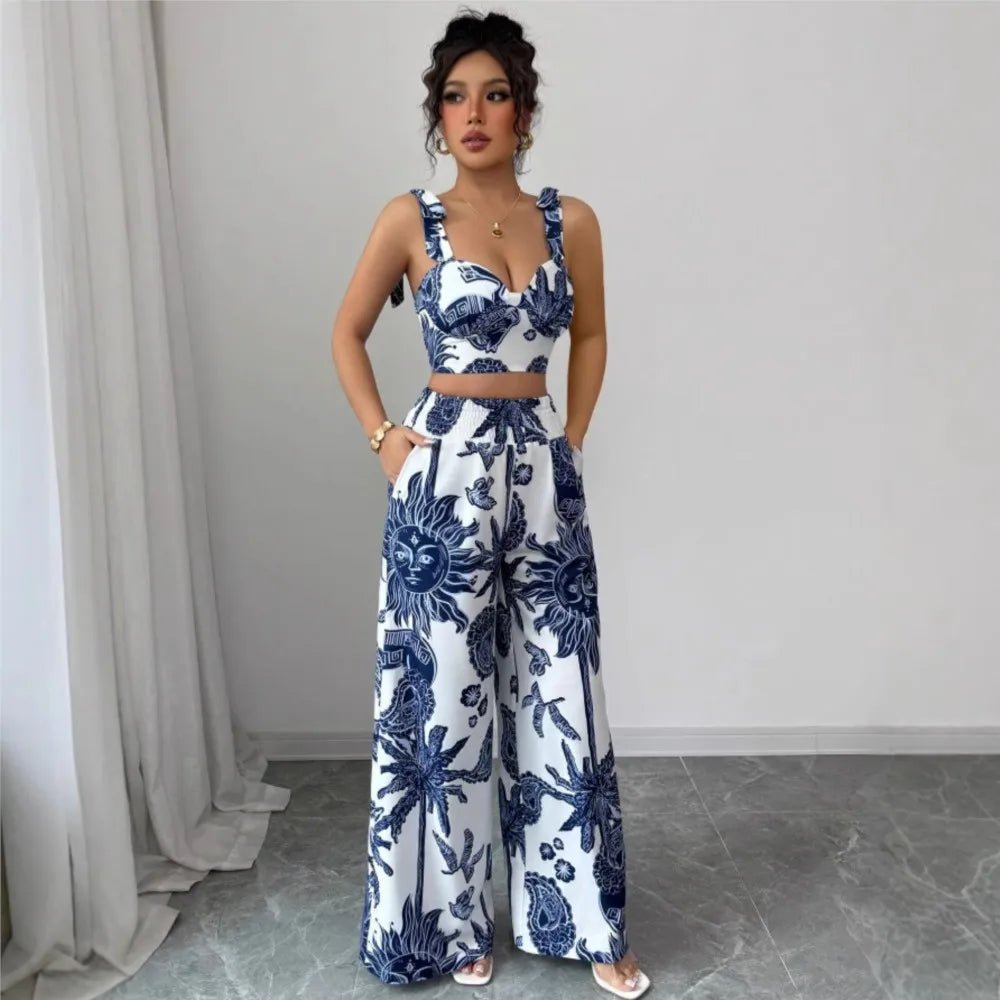 Sexy Strapback Halter Tops Long Pants Female 2 - piece Set Summer Fashion Printed Wide - leg Pocket Trousers Elegant Women's Suit - MAGUSTA BEAUTY