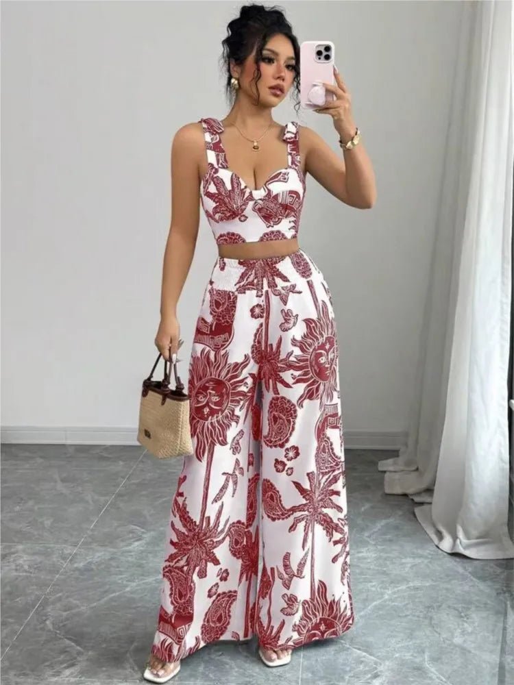 Sexy Strapback Halter Tops Long Pants Female 2 - piece Set Summer Fashion Printed Wide - leg Pocket Trousers Elegant Women's Suit - MAGUSTA BEAUTY