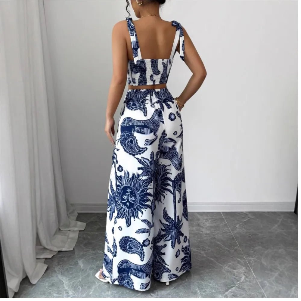 Sexy Strapback Halter Tops Long Pants Female 2 - piece Set Summer Fashion Printed Wide - leg Pocket Trousers Elegant Women's Suit - MAGUSTA BEAUTY