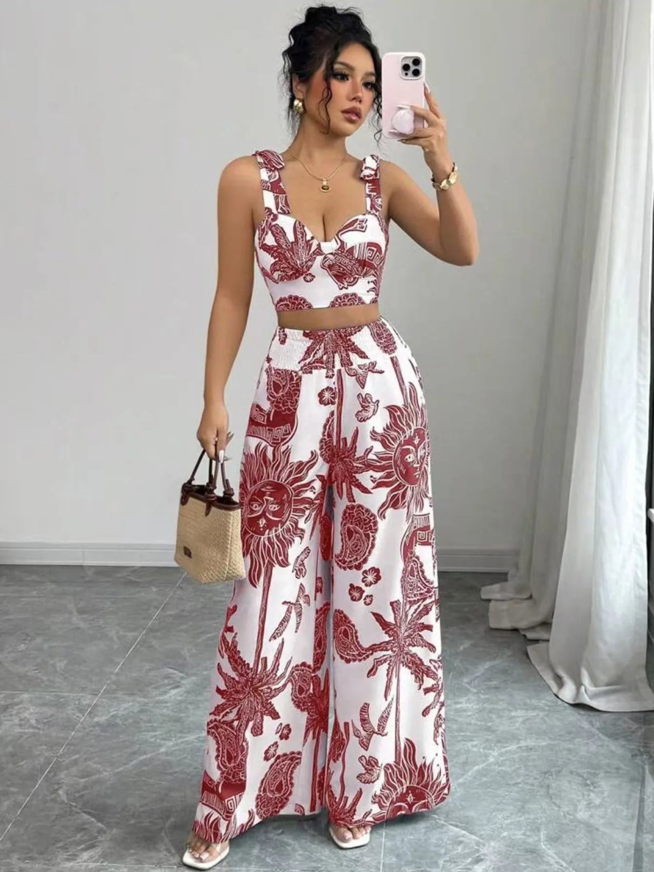 Sexy Strapback Halter Tops Long Pants Female 2 - piece Set Summer Fashion Printed Wide - leg Pocket Trousers Elegant Women's Suit - MAGUSTA BEAUTY
