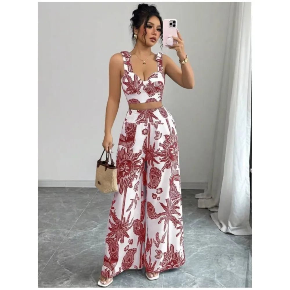 Sexy Strapback Halter Tops Long Pants Female 2 - piece Set Summer Fashion Printed Wide - leg Pocket Trousers Elegant Women's Suit - MAGUSTA BEAUTY