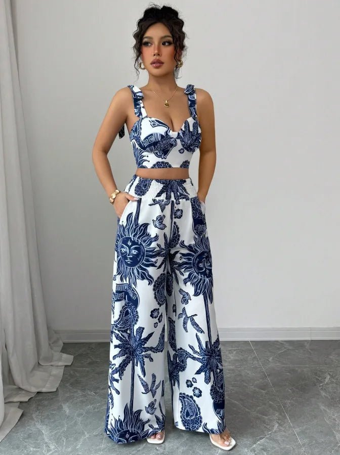 Sexy Strapback Halter Tops Long Pants Female 2 - piece Set Summer Fashion Printed Wide - leg Pocket Trousers Elegant Women's Suit - MAGUSTA BEAUTY