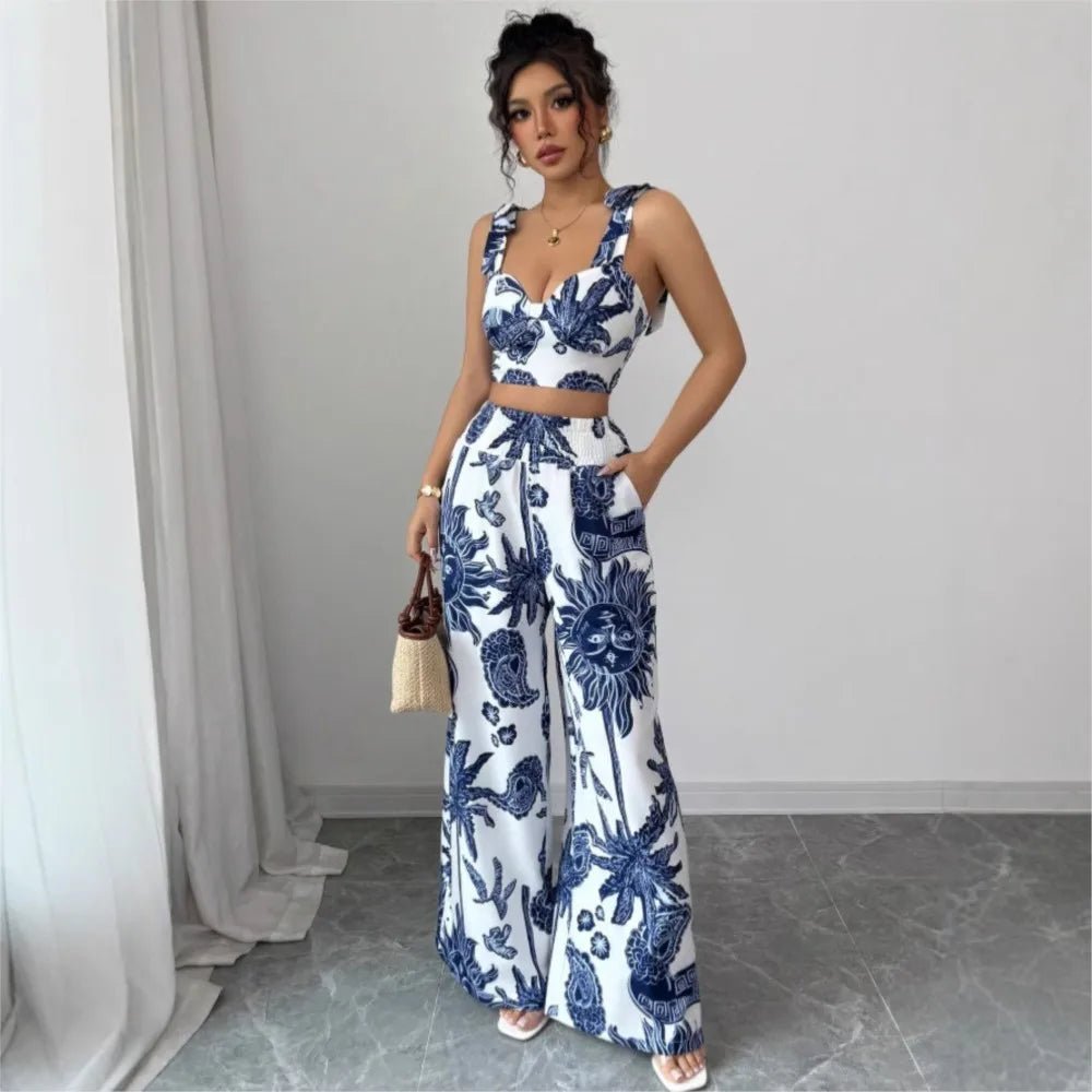 Sexy Strapback Halter Tops Long Pants Female 2 - piece Set Summer Fashion Printed Wide - leg Pocket Trousers Elegant Women's Suit - MAGUSTA BEAUTY