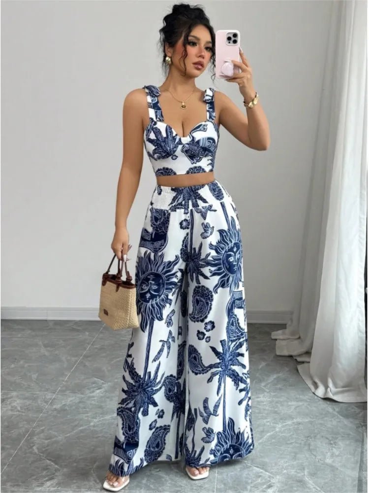 Sexy Strapback Halter Tops Long Pants Female 2 - piece Set Summer Fashion Printed Wide - leg Pocket Trousers Elegant Women's Suit - MAGUSTA BEAUTY