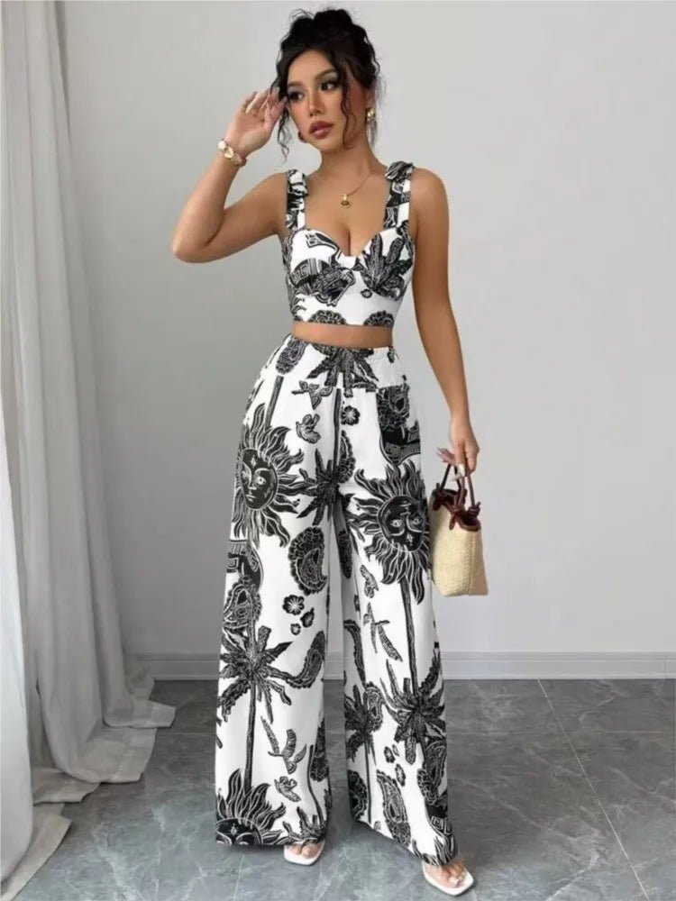 Sexy Strapback Halter Tops Long Pants Female 2 - piece Set Summer Fashion Printed Wide - leg Pocket Trousers Elegant Women's Suit - MAGUSTA BEAUTY