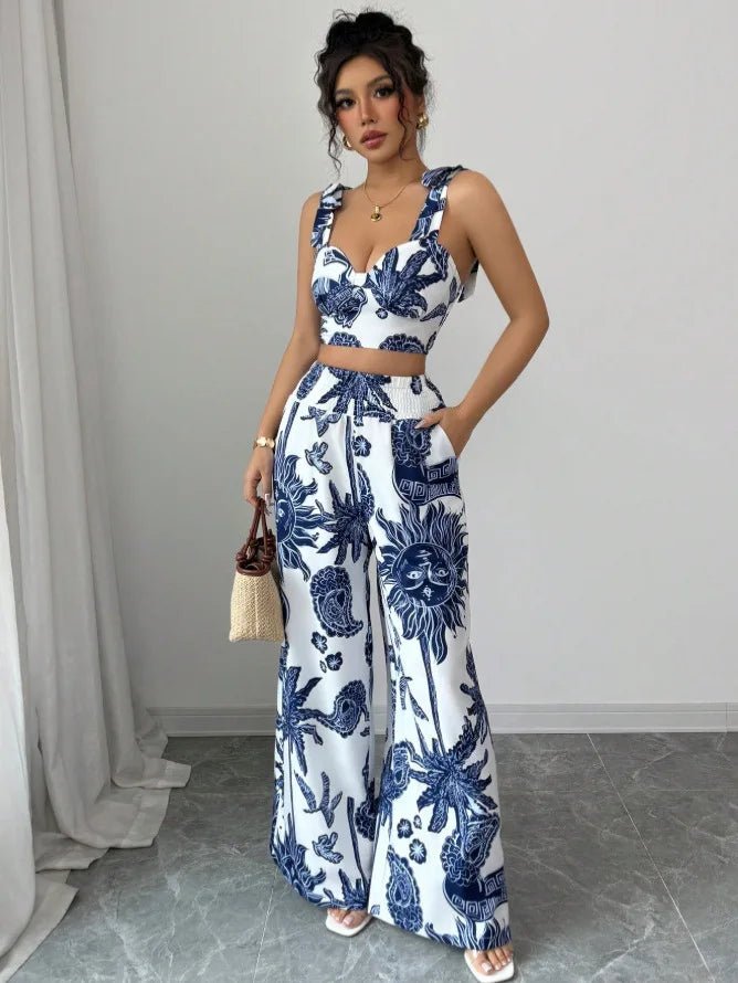 Sexy Strapback Halter Tops Long Pants Female 2 - piece Set Summer Fashion Printed Wide - leg Pocket Trousers Elegant Women's Suit - MAGUSTA BEAUTY