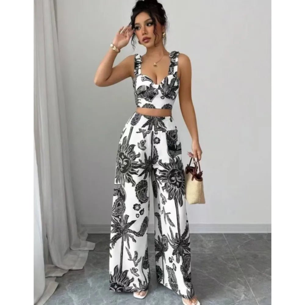 Sexy Strapback Halter Tops Long Pants Female 2 - piece Set Summer Fashion Printed Wide - leg Pocket Trousers Elegant Women's Suit - MAGUSTA BEAUTY