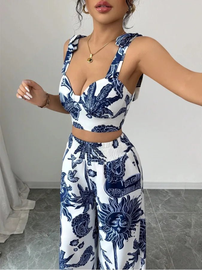 Sexy Strapback Halter Tops Long Pants Female 2 - piece Set Summer Fashion Printed Wide - leg Pocket Trousers Elegant Women's Suit - MAGUSTA BEAUTY