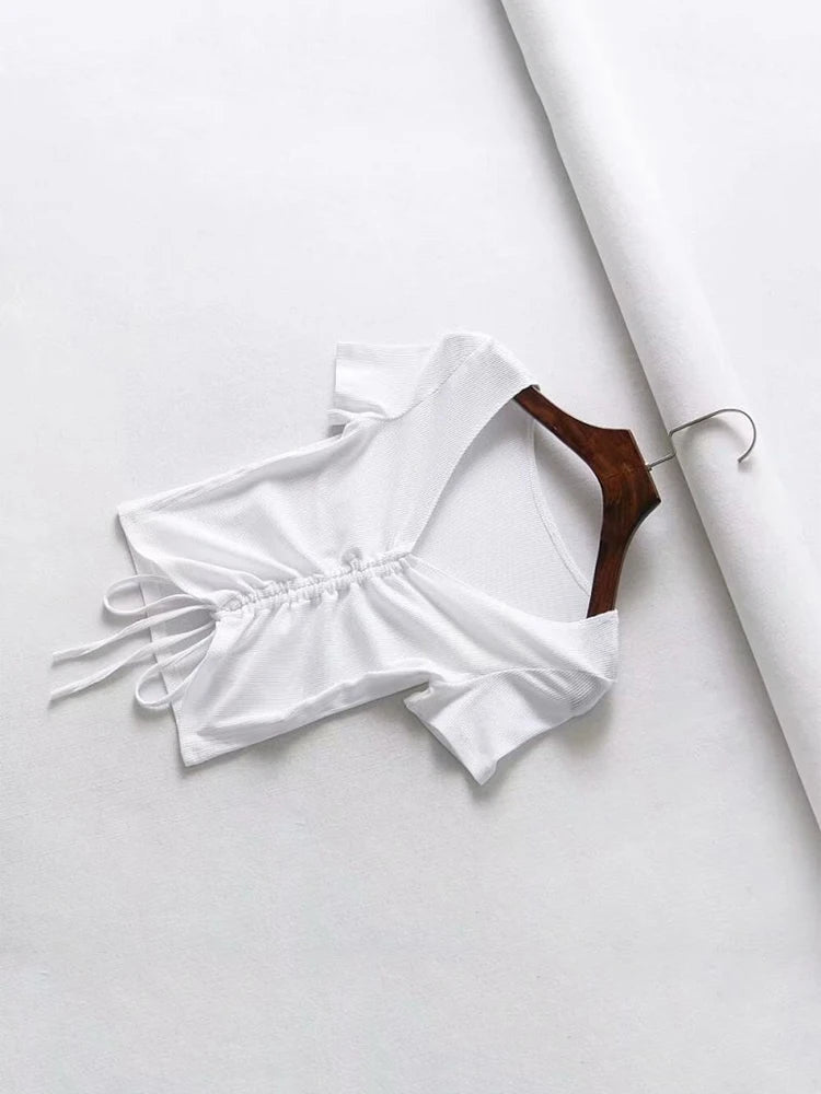 Sexy V Neck Cropped Tank Tops Women Drawstring Tie Up Front Camis Candy Colors Streetwear Slim Fit Ribbed Crop Top - MAGUSTA BEAUTY