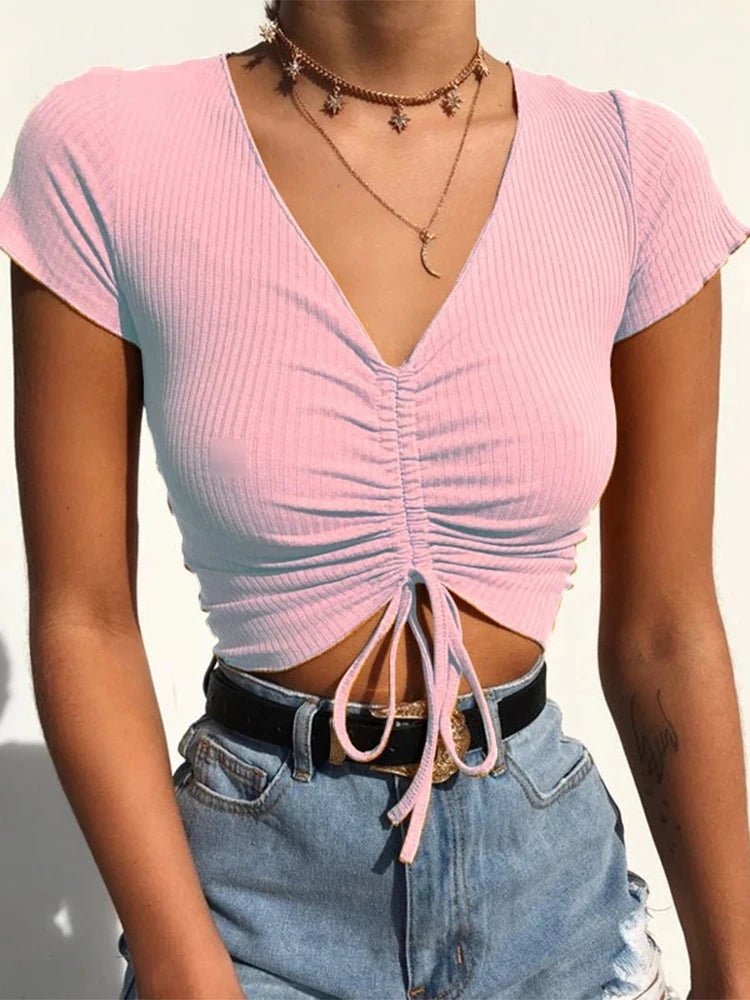 Sexy V Neck Cropped Tank Tops Women Drawstring Tie Up Front Camis Candy Colors Streetwear Slim Fit Ribbed Crop Top - MAGUSTA BEAUTY