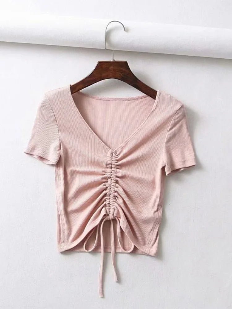 Sexy V Neck Cropped Tank Tops Women Drawstring Tie Up Front Camis Candy Colors Streetwear Slim Fit Ribbed Crop Top - MAGUSTA BEAUTY