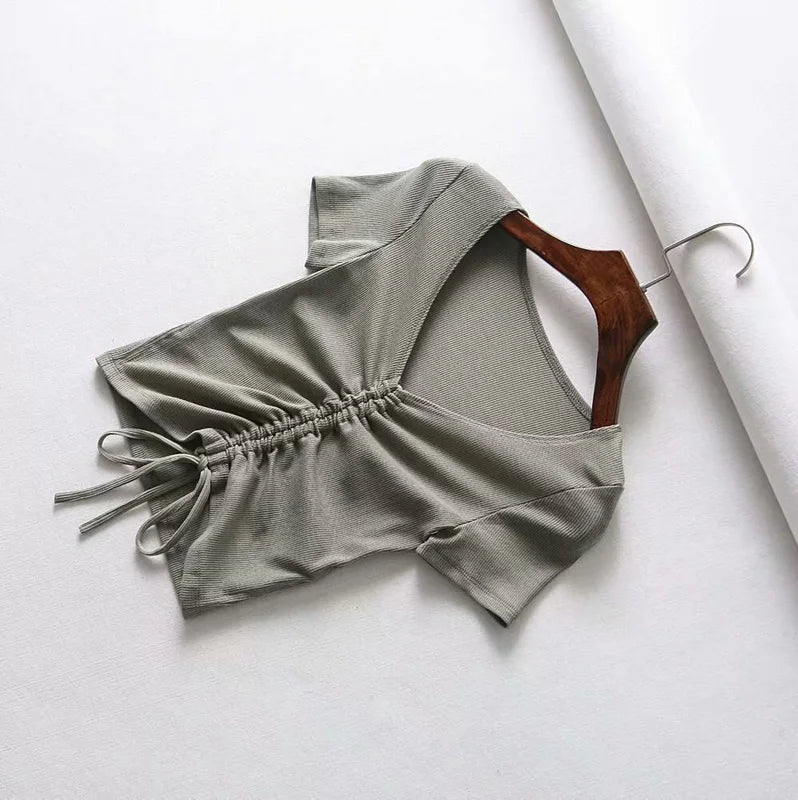 Sexy V Neck Cropped Tank Tops Women Drawstring Tie Up Front Camis Candy Colors Streetwear Slim Fit Ribbed Crop Top - MAGUSTA BEAUTY