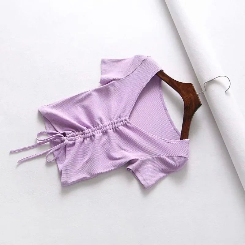 Sexy V Neck Cropped Tank Tops Women Drawstring Tie Up Front Camis Candy Colors Streetwear Slim Fit Ribbed Crop Top - MAGUSTA BEAUTY