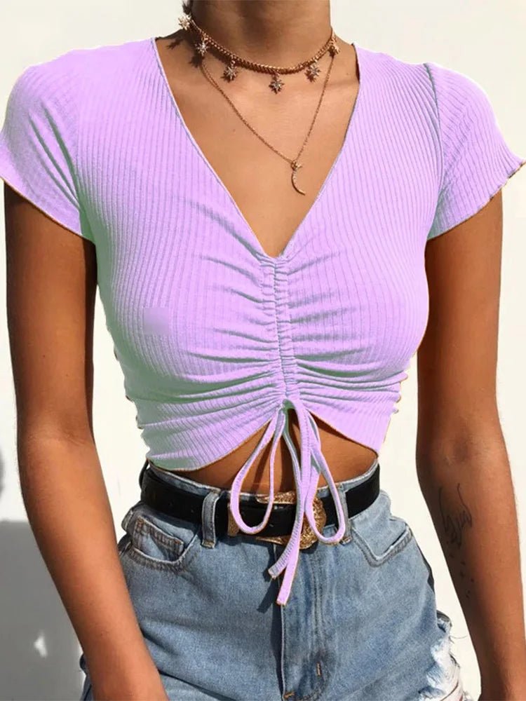 Sexy V Neck Cropped Tank Tops Women Drawstring Tie Up Front Camis Candy Colors Streetwear Slim Fit Ribbed Crop Top - MAGUSTA BEAUTY
