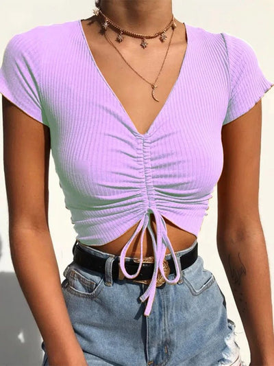Sexy V Neck Cropped Tank Tops Women Drawstring Tie Up Front Camis Candy Colors Streetwear Slim Fit Ribbed Crop Top - MAGUSTA BEAUTY